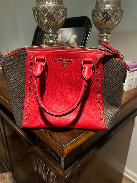 Michael Kors Handbags - Michael Kors Red and Brown Studded Satchel